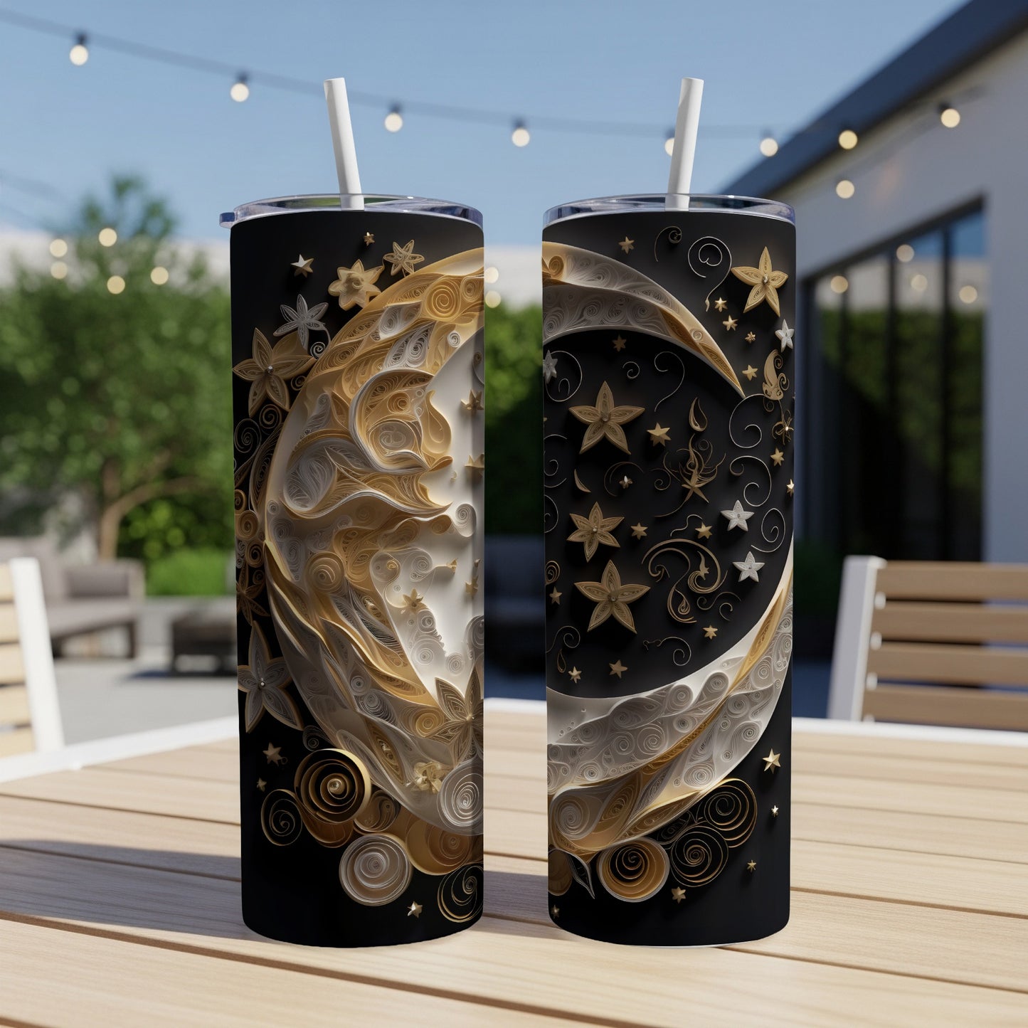 Two tall tumblers with crescent moon and celestial designs.