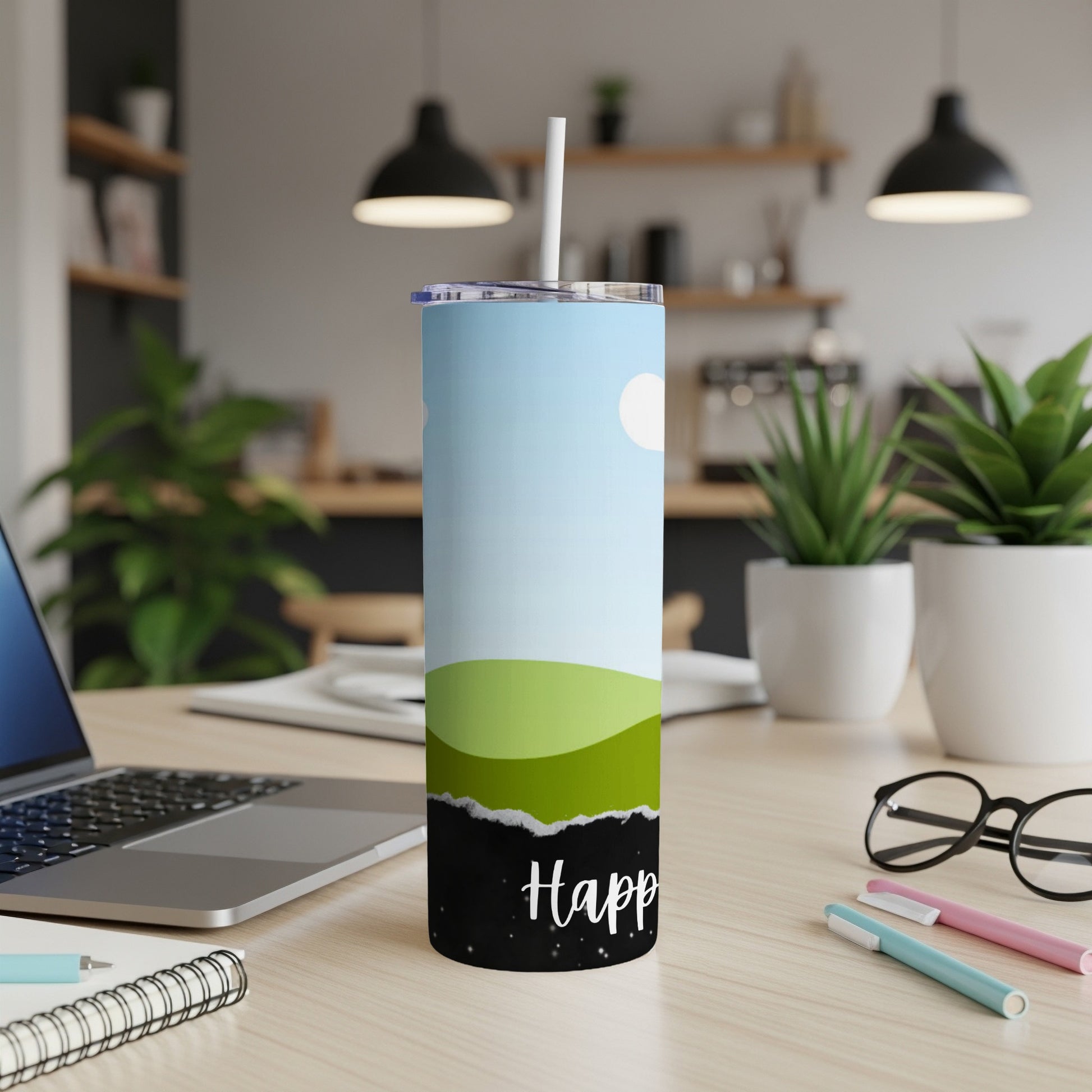 Tumbler with a "Happy" graphic of rolling green hills under a blue sky.
