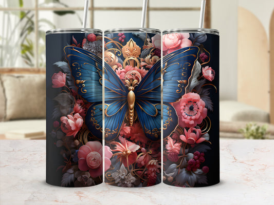 Tall tumbler with a blue butterfly and pink floral design.