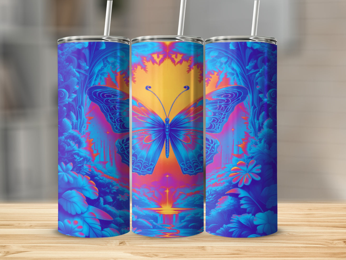 Three tumblers with a vibrant butterfly and floral jungle design.