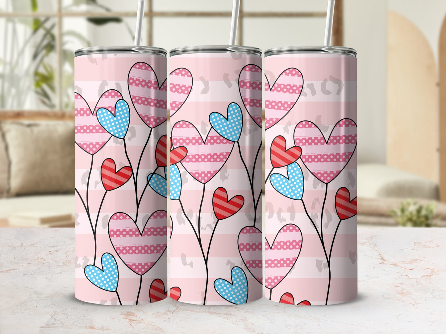 Pink striped colorful hearts leopard print tumbler product type