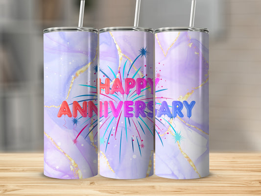 Three tumblers with "Happy Anniversary" text and fireworks on a marble background.