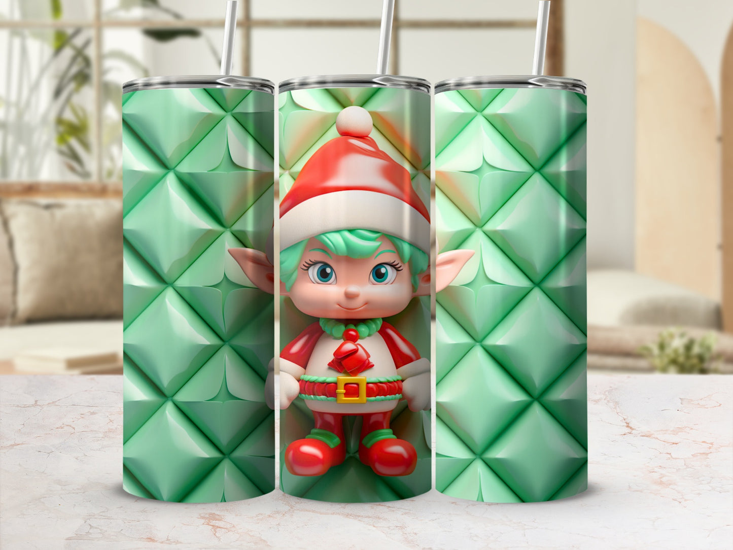 Festive Elf Design Green Geometric Pattern Tumbler