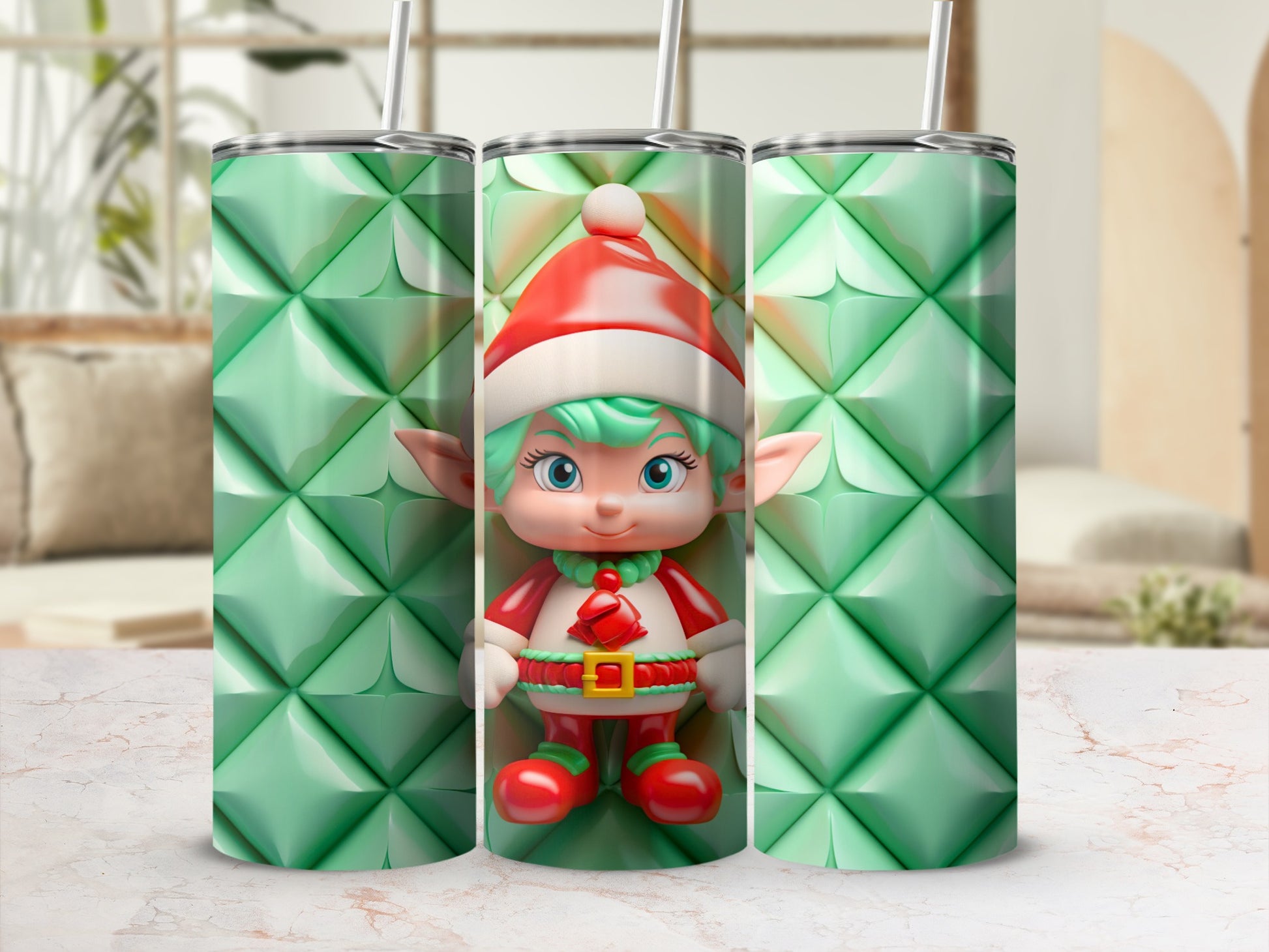 Festive Elf Design Green Geometric Pattern Tumbler