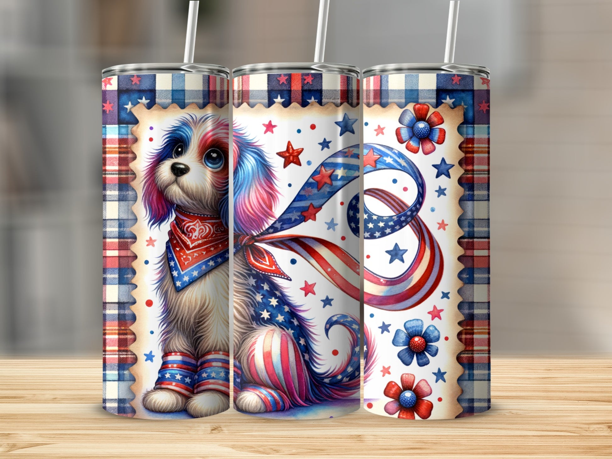 Patriotic dog with red, white, and blue bandana and stars on tumbler.