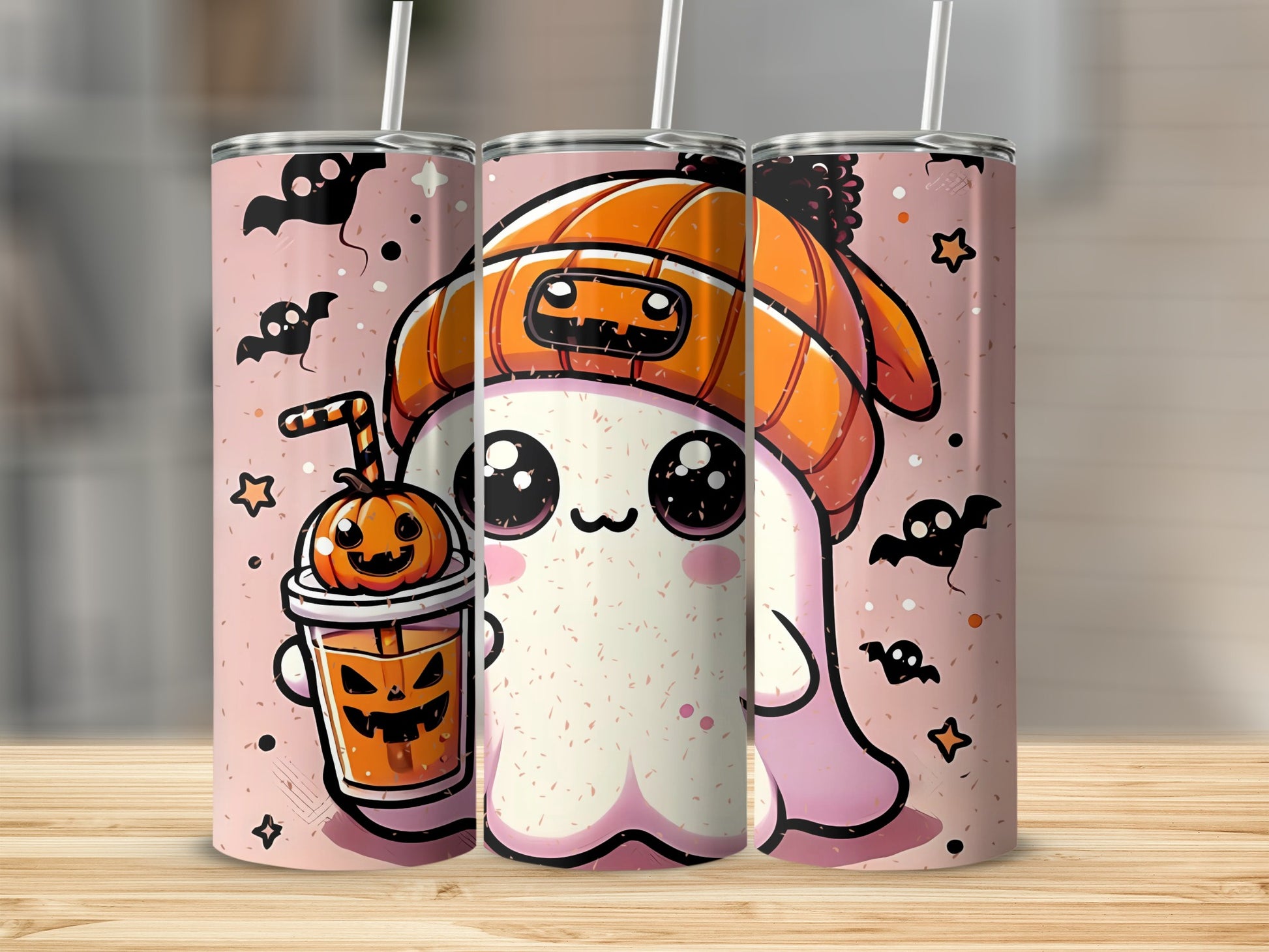 Cute Halloween Ghost with Pumpkin Tumbler Cup