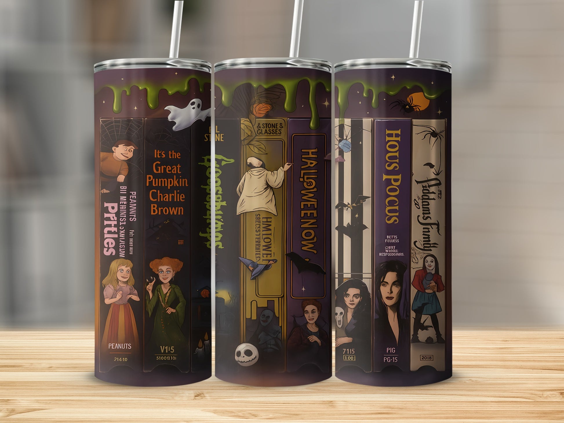 Tumbler with Halloween movie themes: Charlie Brown, Hocus Pocus, Addams Family.