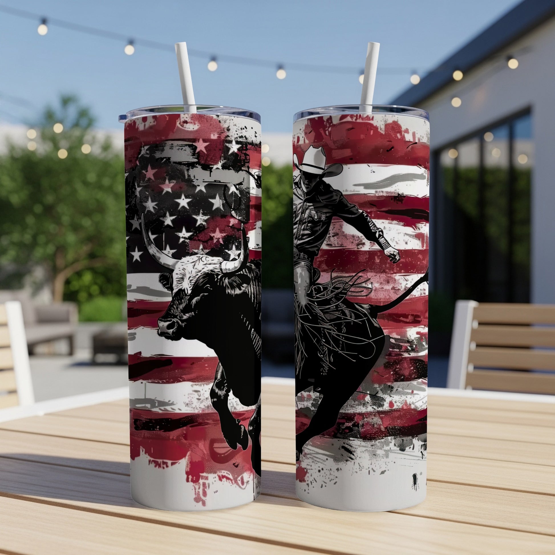 Two tumblers with a rodeo rider and bull against an American flag.