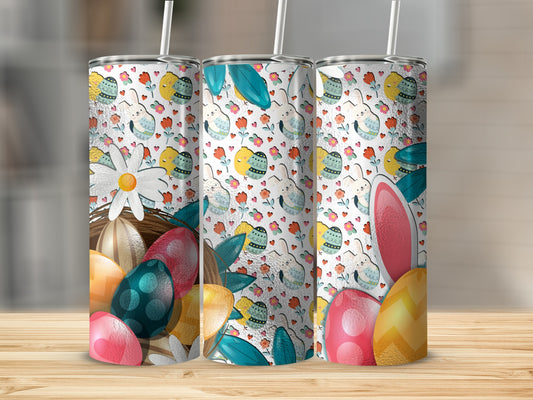 Easter-themed tumbler with painted eggs and bunny ears.