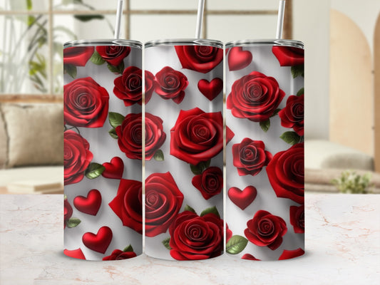 Three tumblers with red roses and heart pattern.