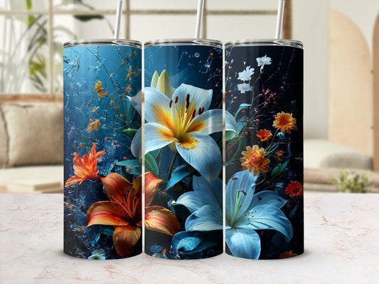 Three tumblers adorned with vibrant lily and wildflower floral patterns.