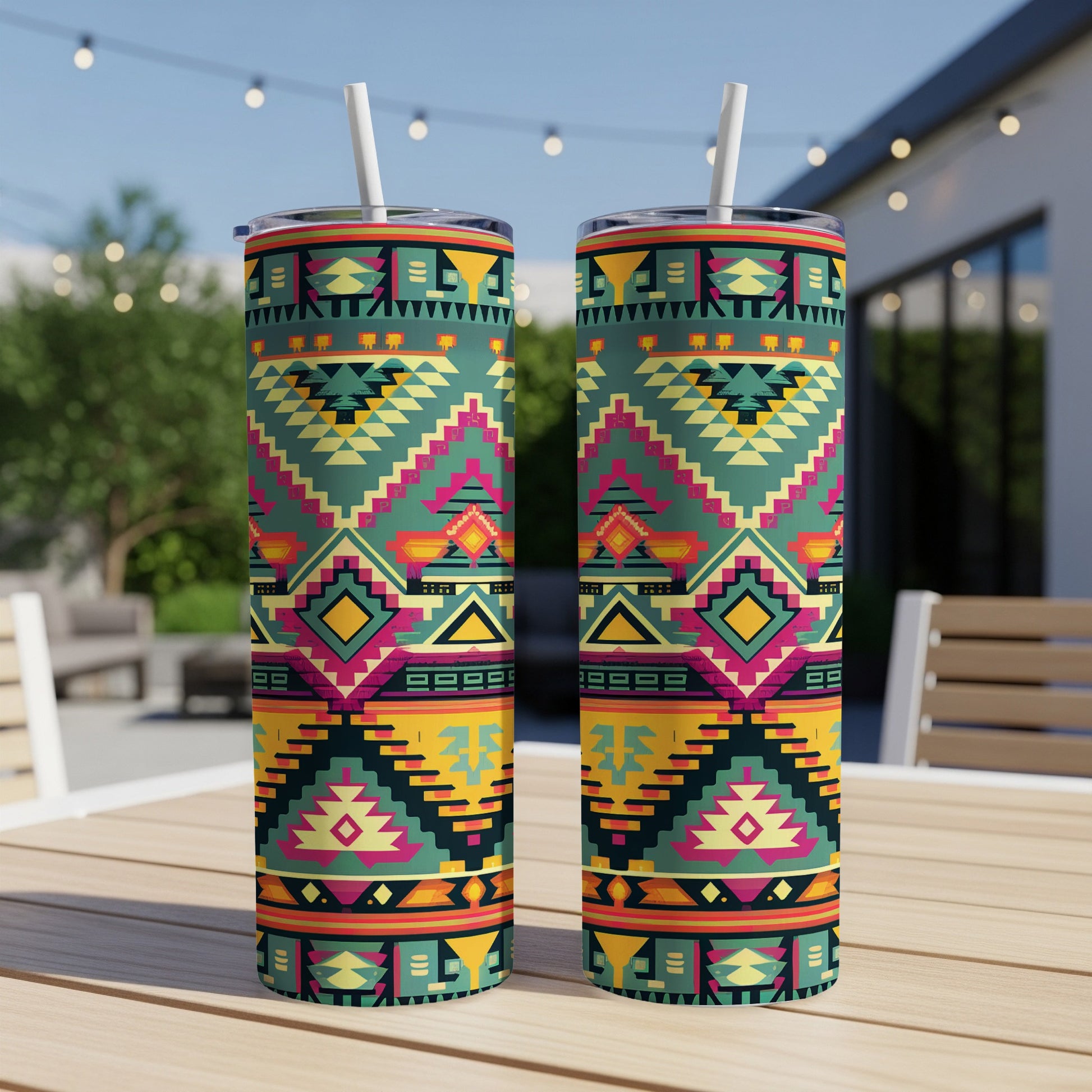 Two teal tumblers with geometric Southwest-inspired pattern and straws.