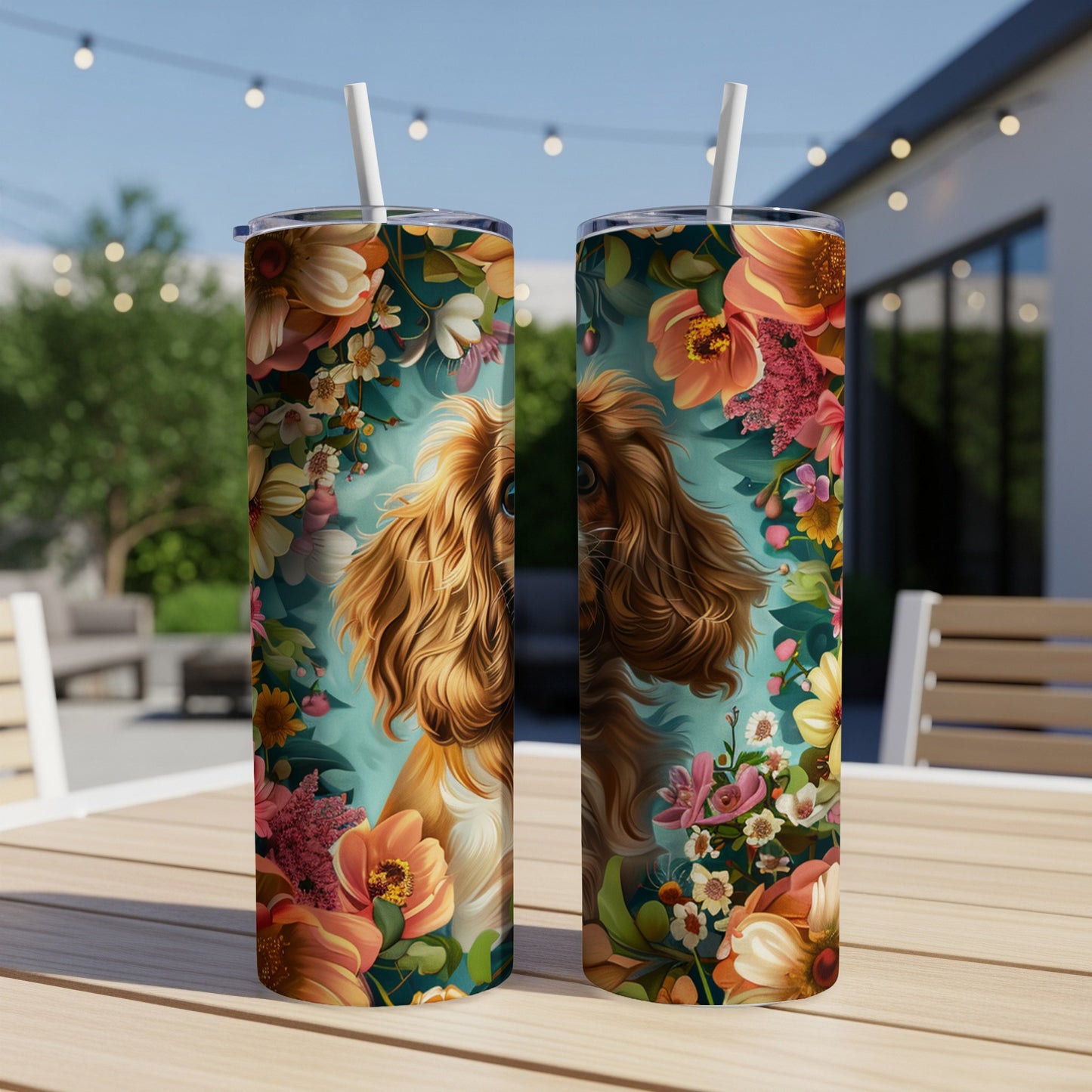 Two tumblers with a Cavalier King Charles Spaniel dog and floral art.