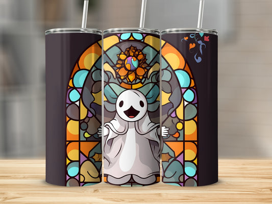 Ghost stained glass design on a dark purple tumbler.