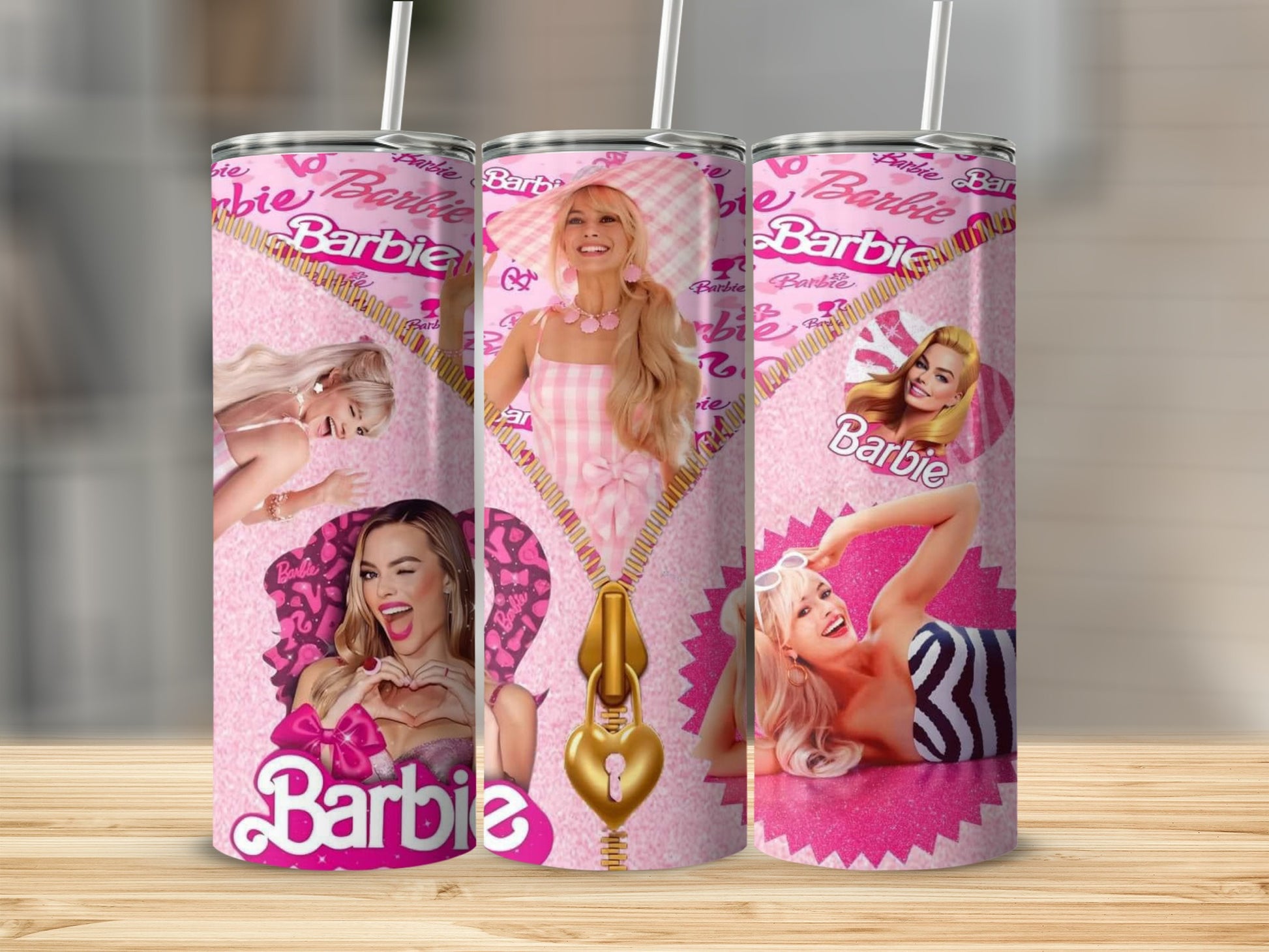 Barbie themed travel tumbler with straw drinkware