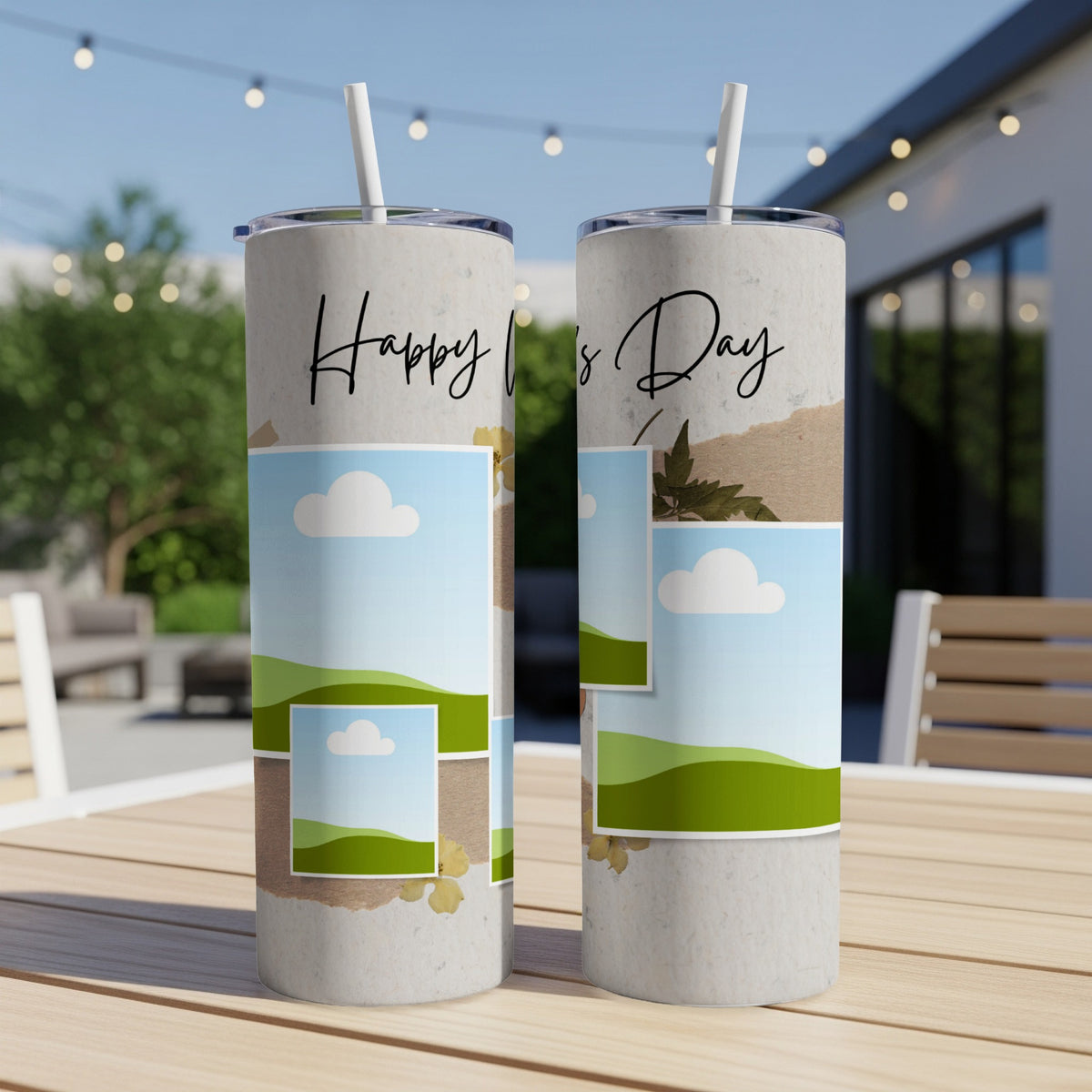 Two tumblers with "Happy Mom's Day" text and landscape photo collage designs.