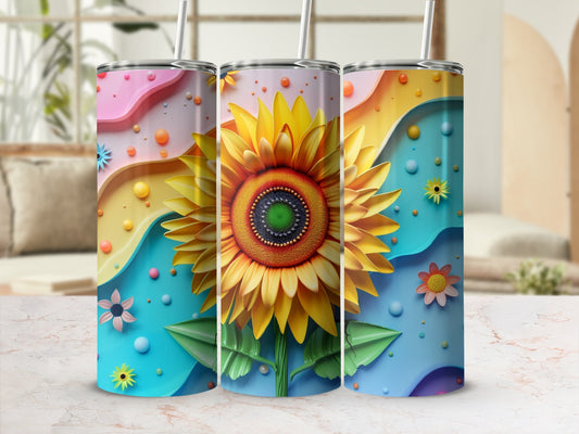 Three tumblers with sunflower and floral designs, set against a light, patterned background.