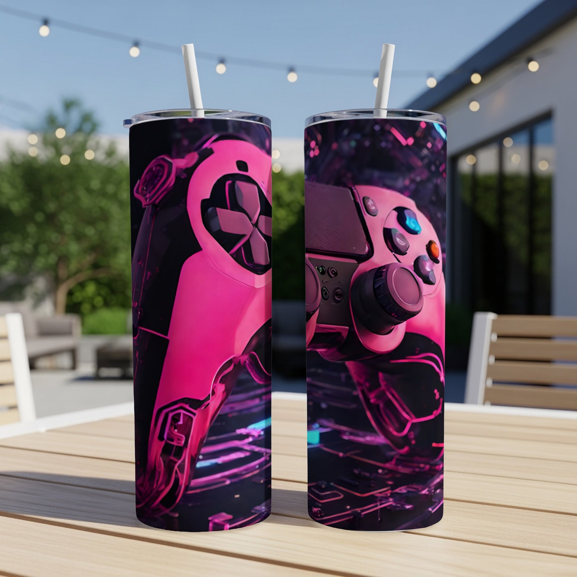 Two pink gaming controllers with neon blue accents on a wooden table.