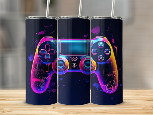 Neon gaming controller design on dark background, three tumblers.