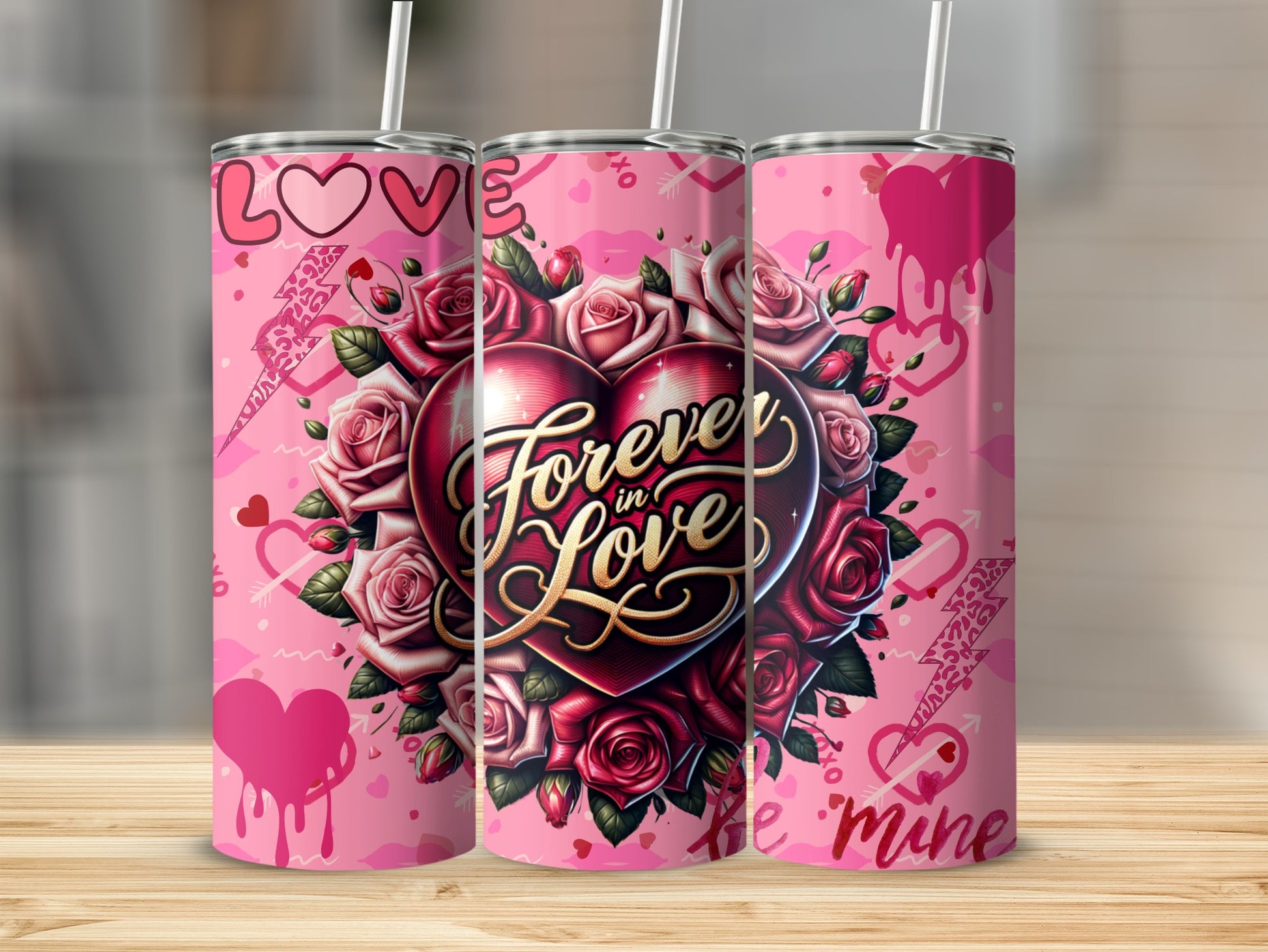Forever in Love Heart and Roses Design Tumbler