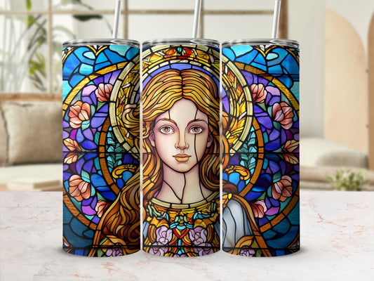 Stained glass tumbler featuring a woman with flowing blonde hair and floral accents.