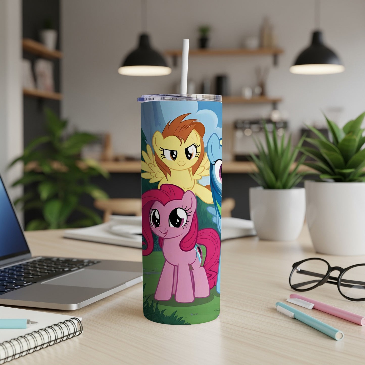 Pinkie Pie, Rainbow Dash, and Fluttershy from My Little Pony on a tumbler.