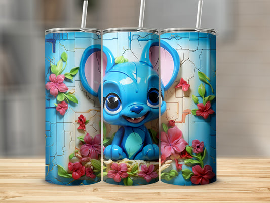 Cute Blue Cartoon Mouse With Colorful Floral Background