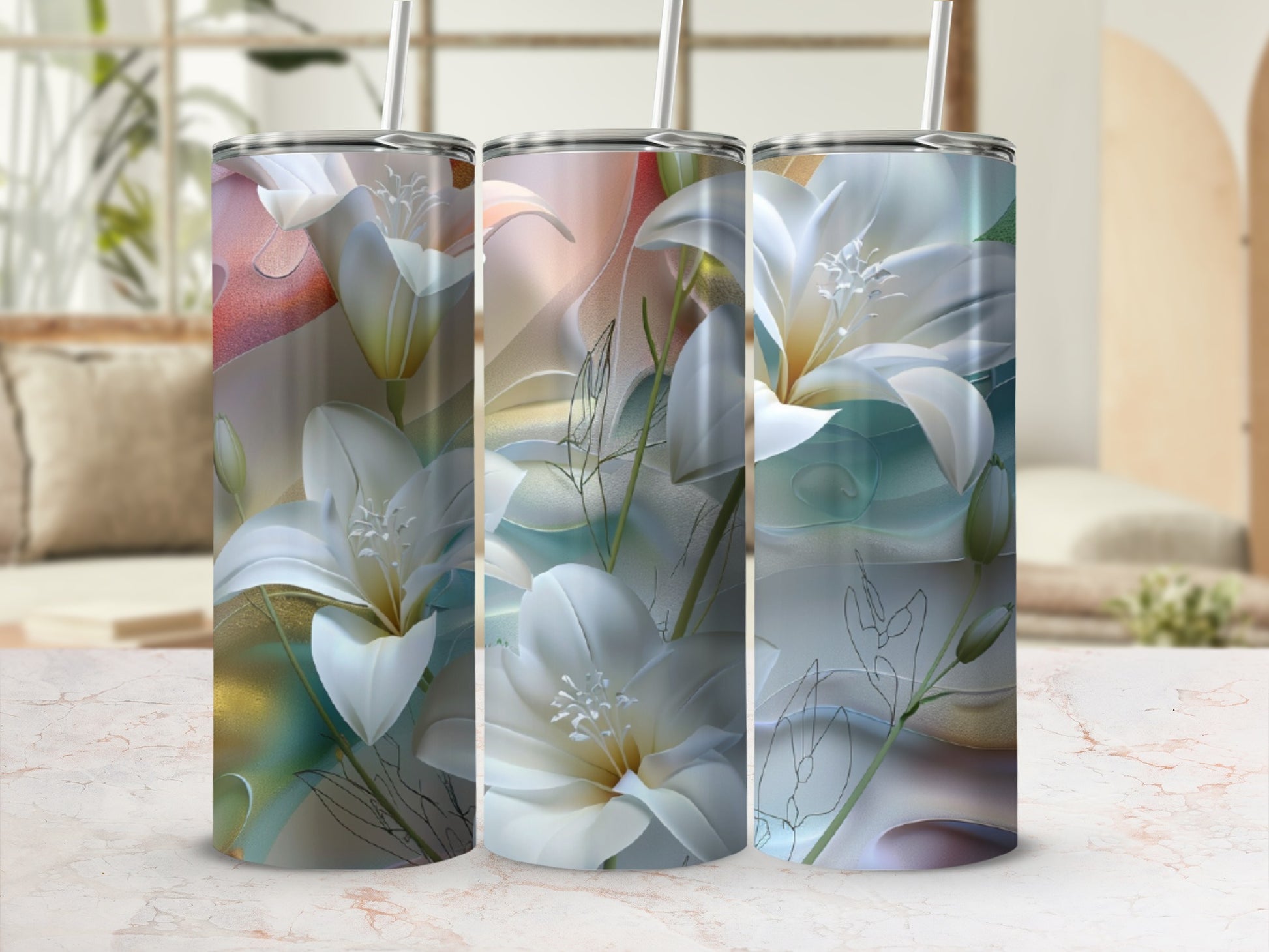 Three tumblers with white floral and abstract art designs.