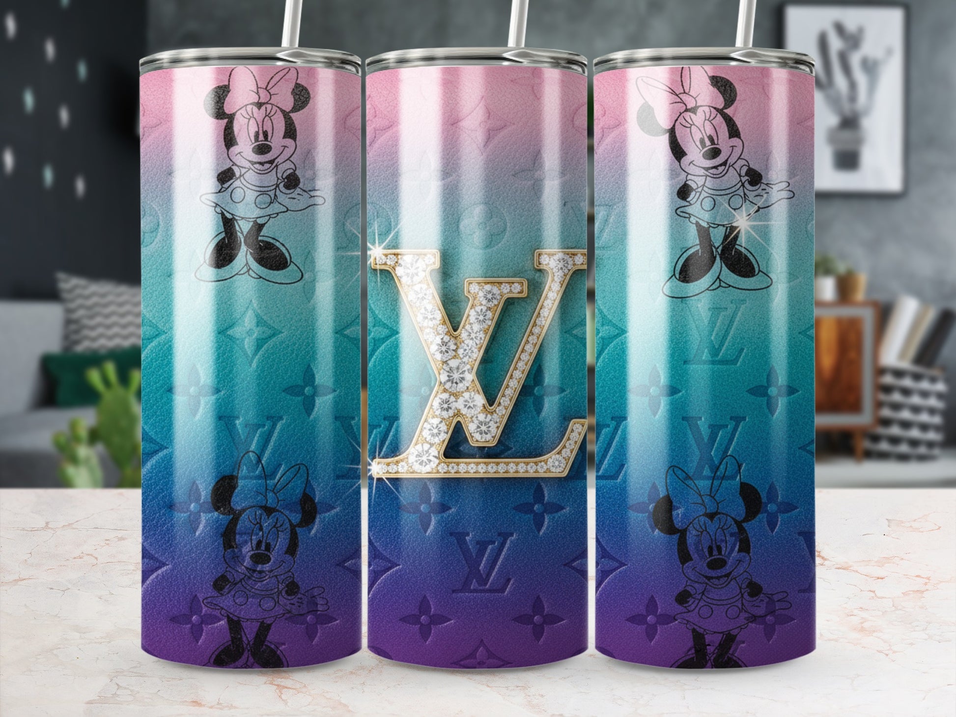 Minnie Mouse LV Gradient Tumbler Flask With Straw