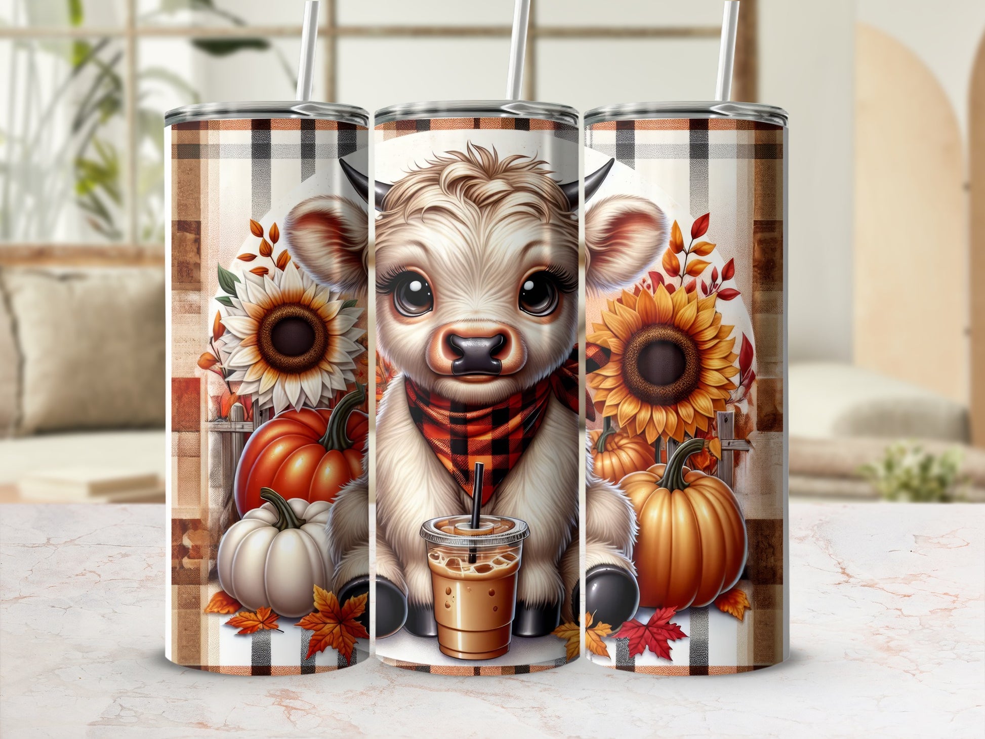 Cute cow with plaid scarf holding a coffee cup, surrounded by pumpkins and sunflowers.