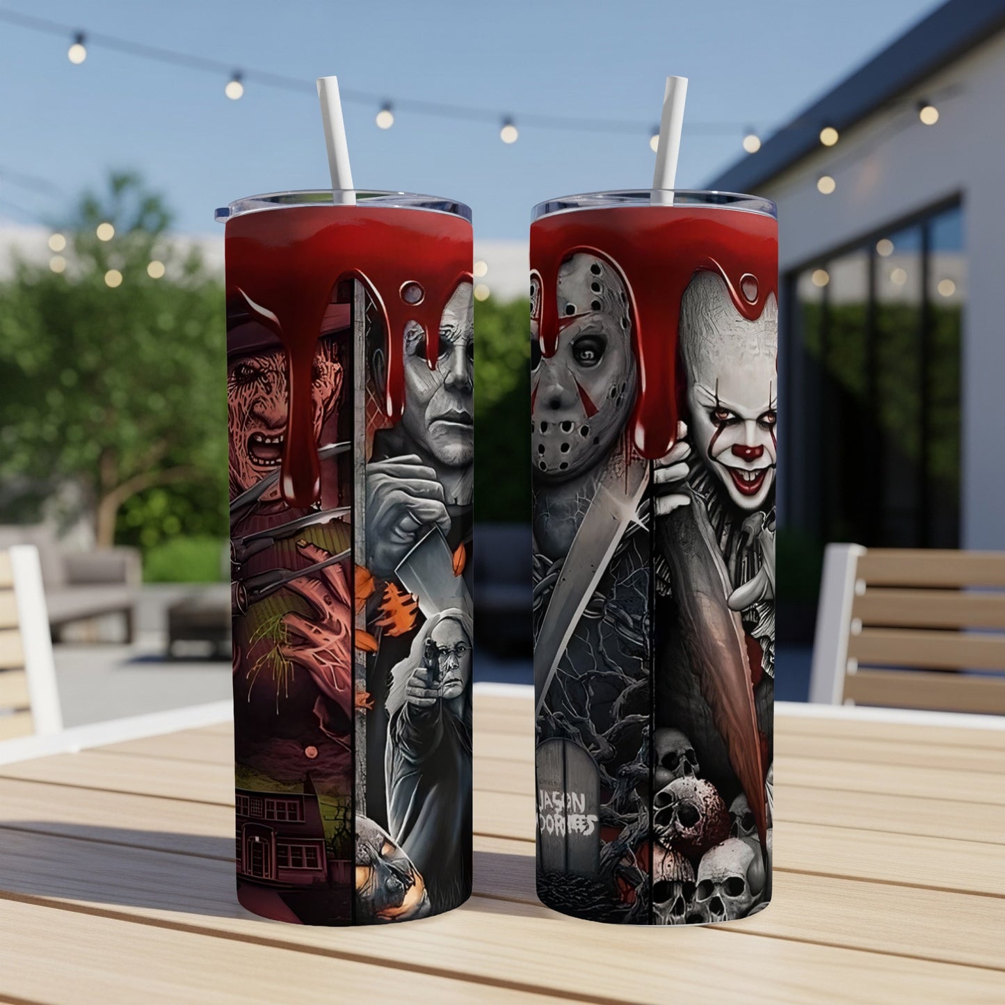 Two tumblers with horror movie characters and dripping red accents on a table.