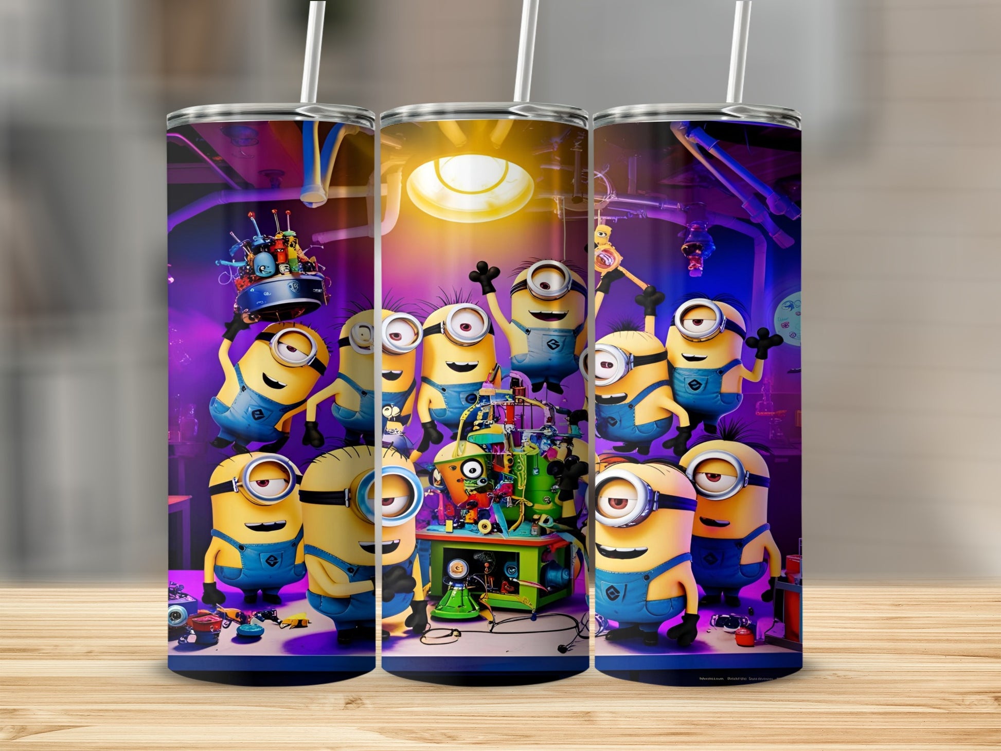 Minions in a laboratory with colorful machinery and tools.