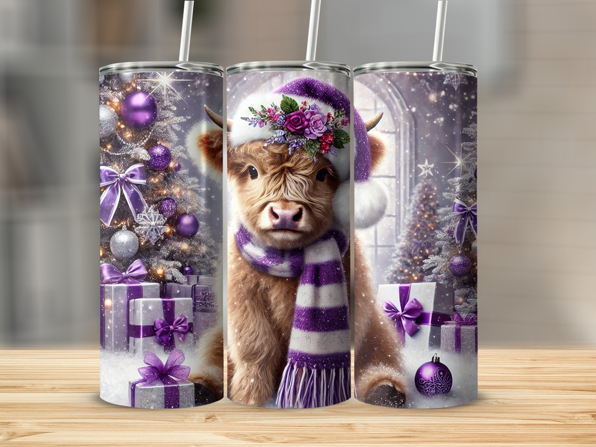 Highland cow wearing Santa hat and scarf with Christmas trees and gifts.