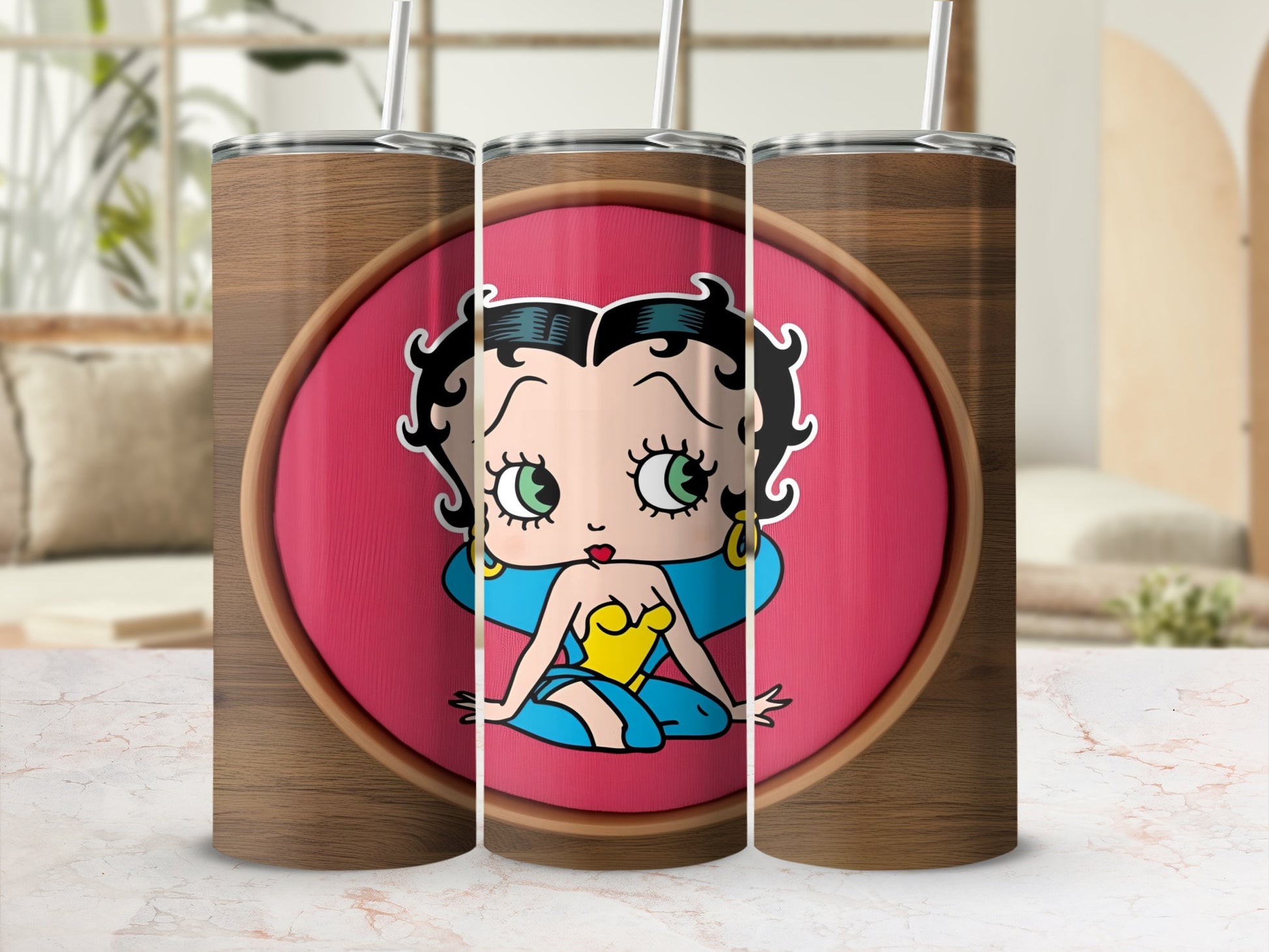 Betty Boop cartoon character on a wooden tumbler with a pink background.