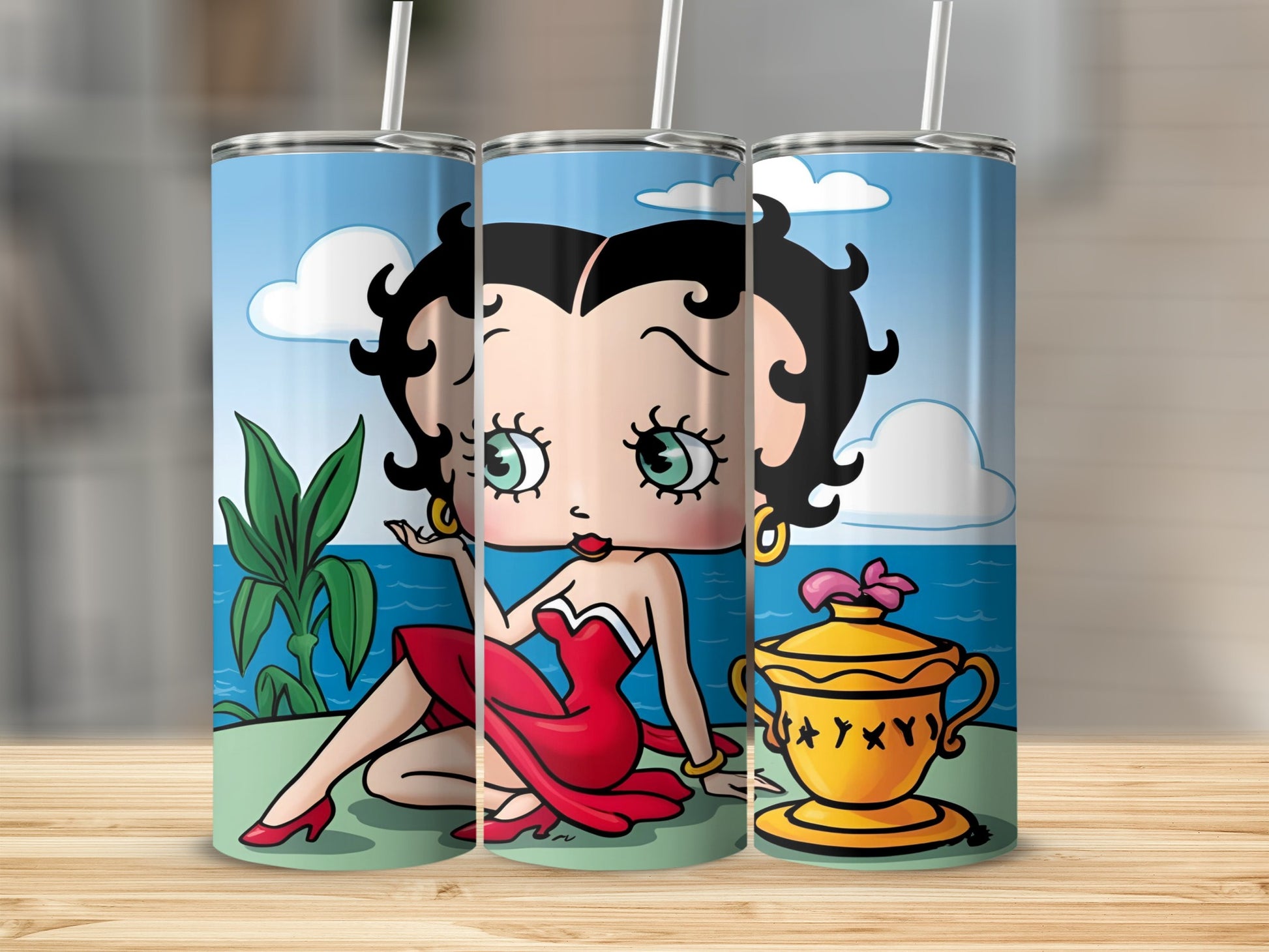 Betty Boop in a red dress by the water with a golden trophy.