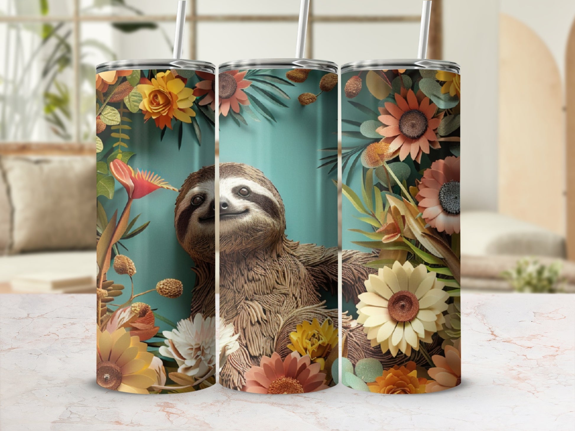 Sloth surrounded by colorful autumn flowers and leaves.