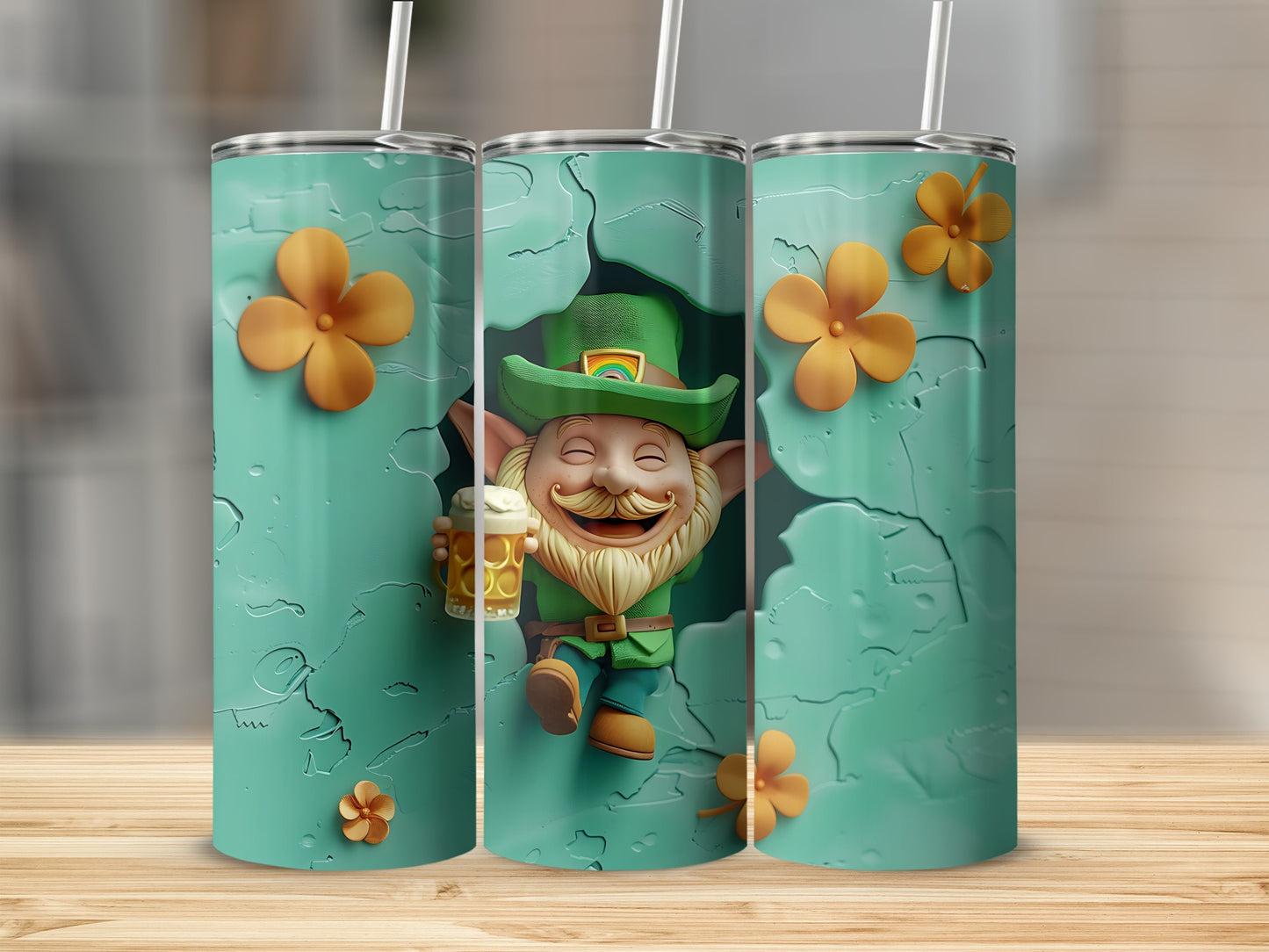 Leprechaun with beer emerging from teal tumbler with clovers.