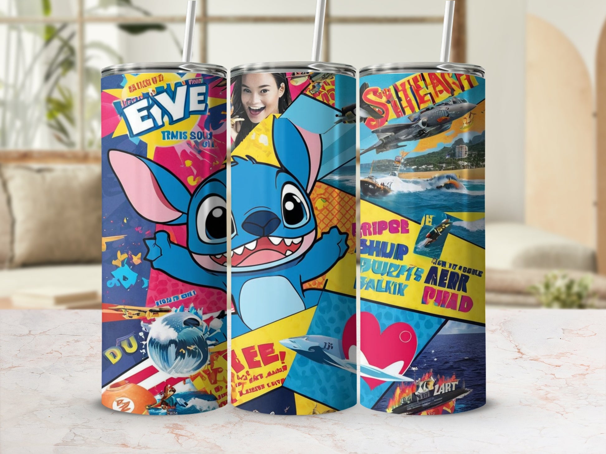 Stitch cartoon character on tumblers with various illustrated designs and text.