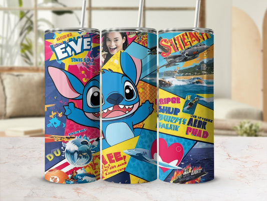 Stitch cartoon character on tumblers with various illustrated designs and text.