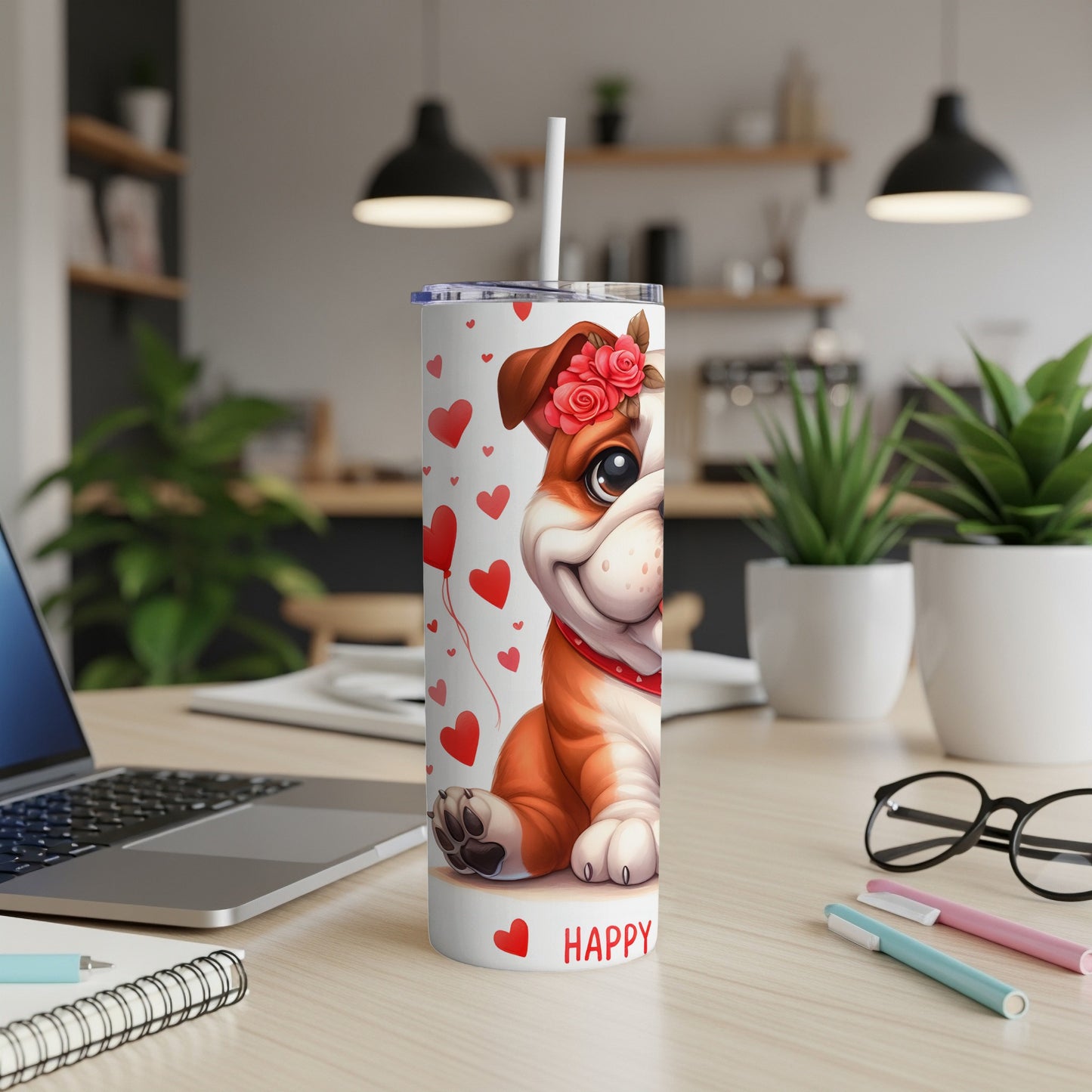 Bulldog with flowers on head and heart balloons, "HAPPY" text on tumbler.