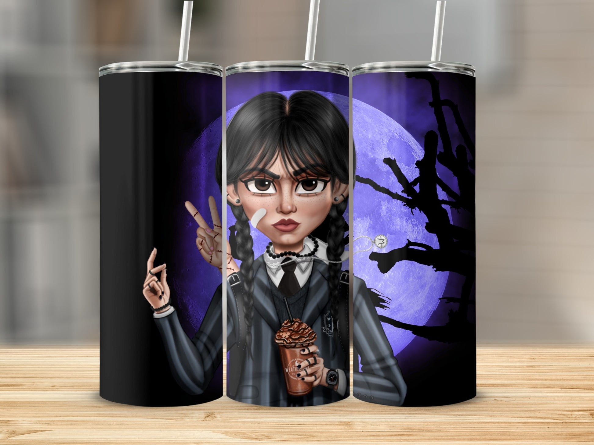 Cartoon Girl with Braids and Moon Artwork Tumbler