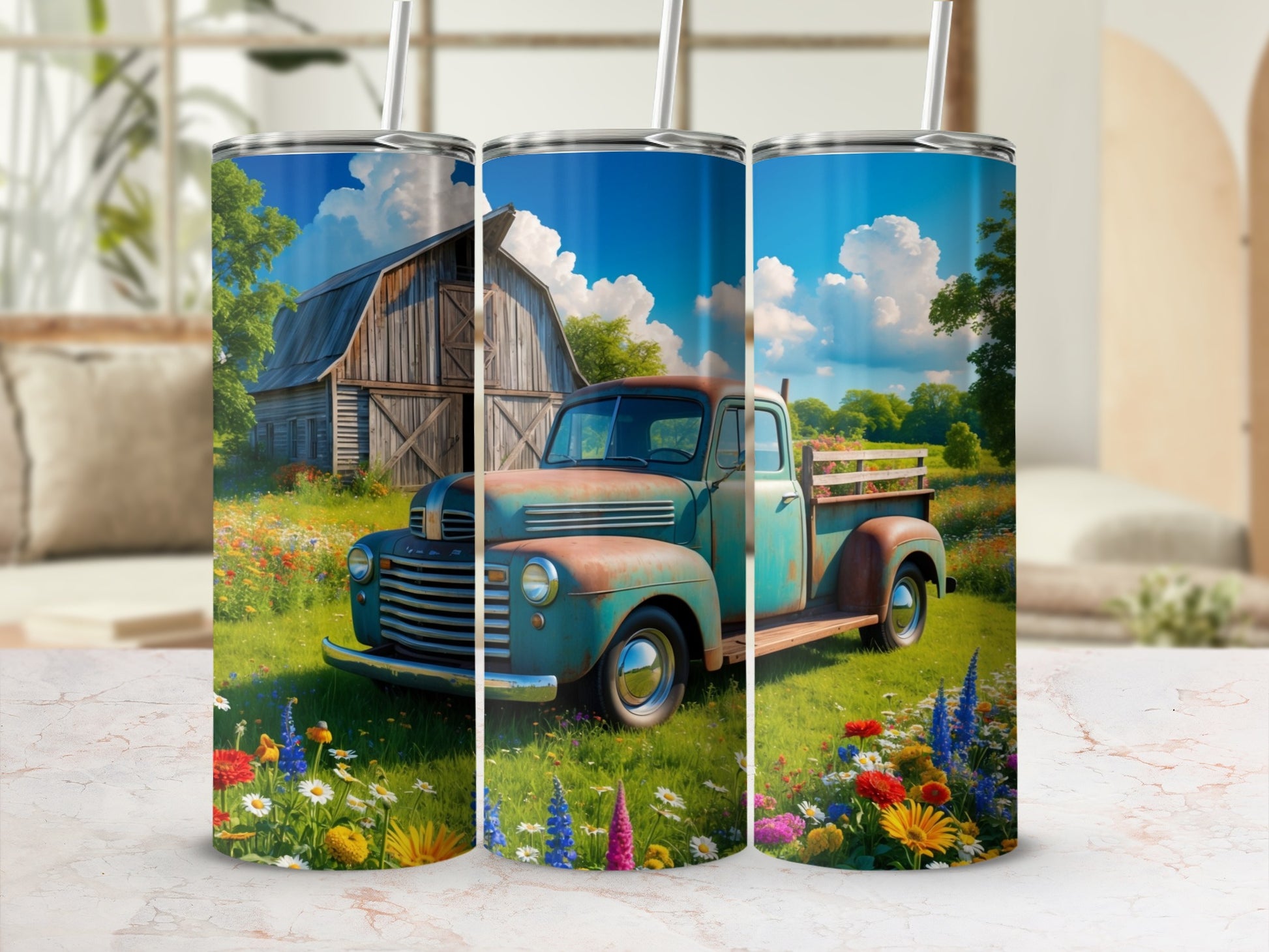 Rustic teal pickup truck parked in a sunny meadow with a barn.