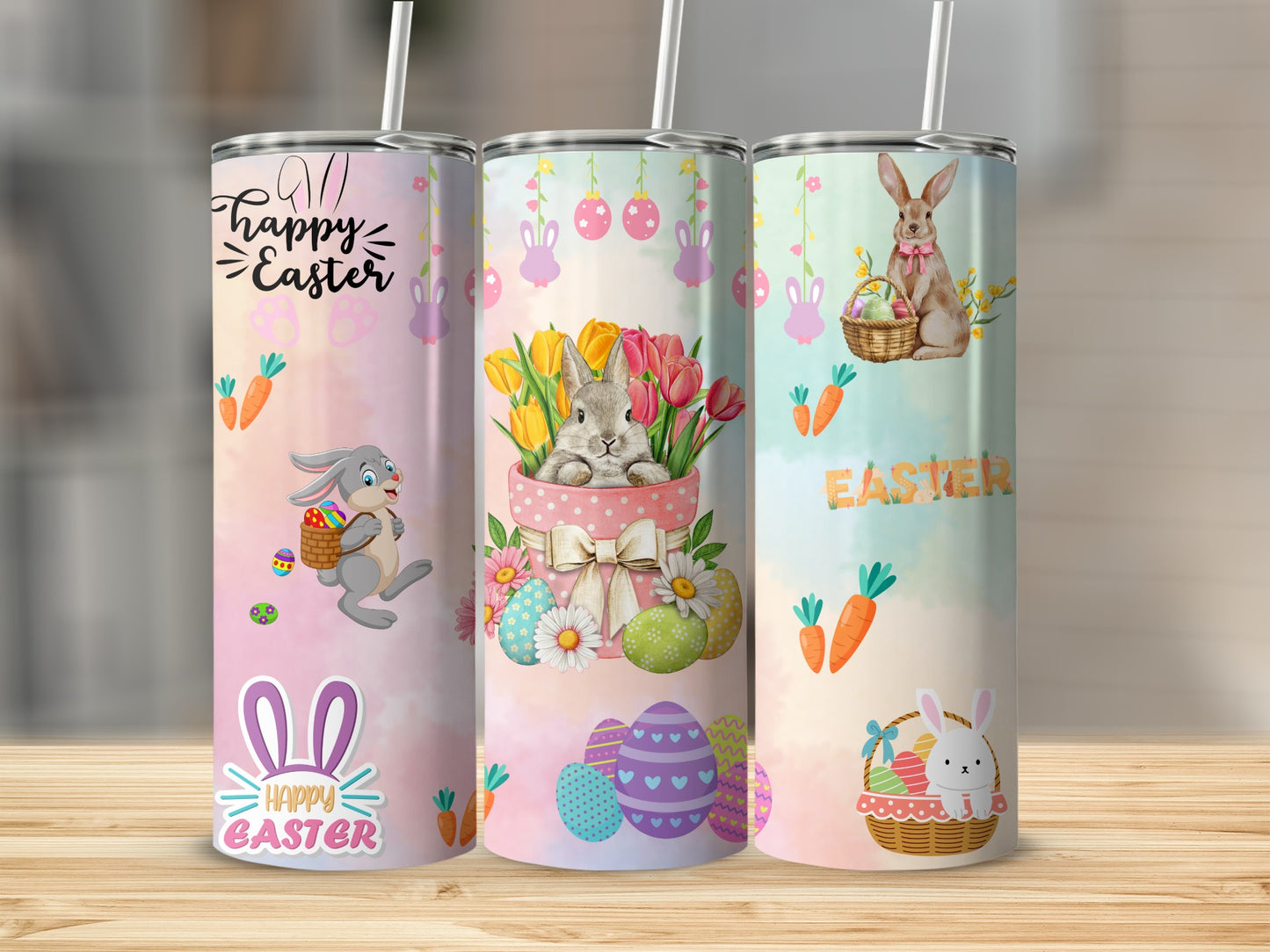 Cute Easter Bunny and Eggs Themed Tumbler Flask