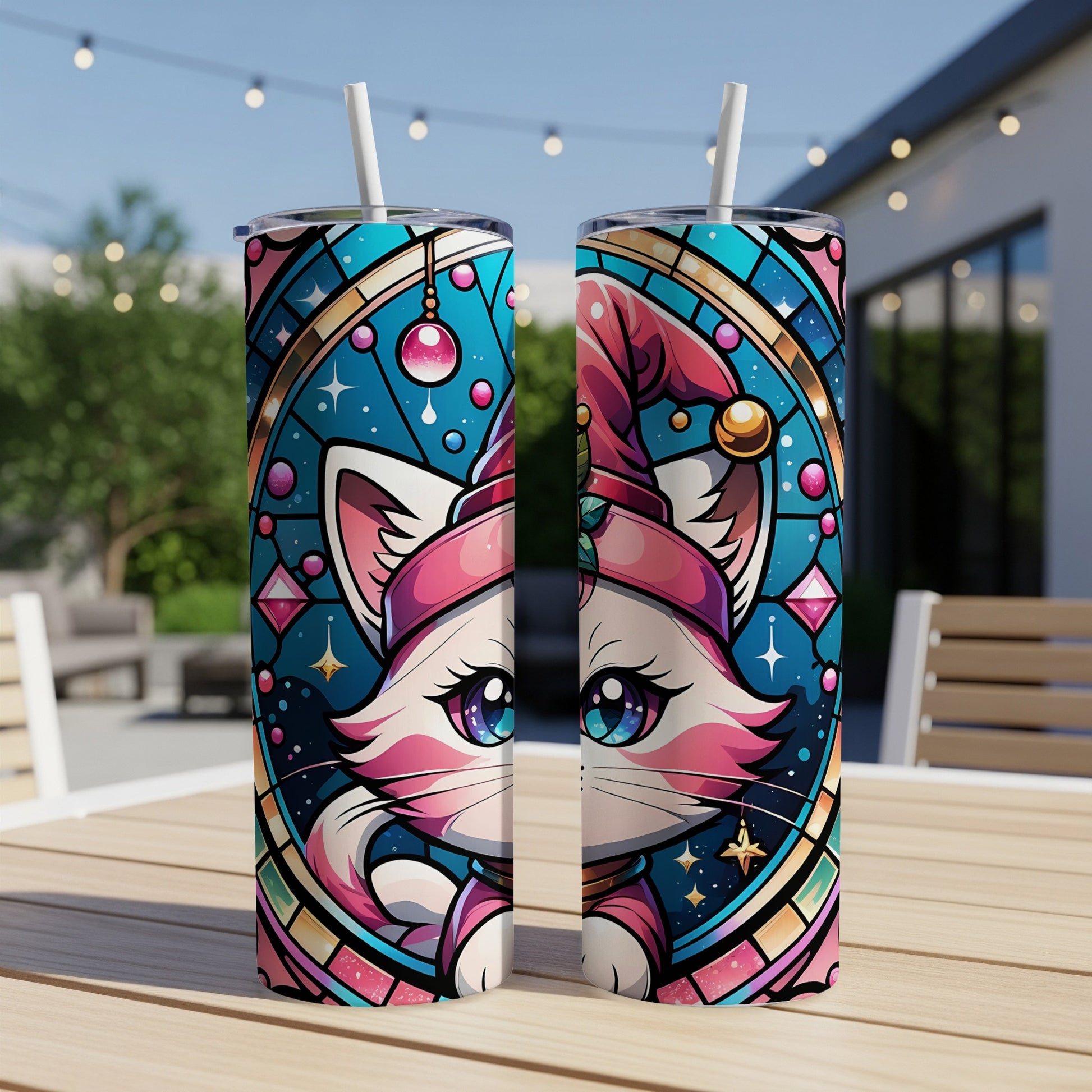 Stained glass style tumbler featuring a cartoon cat wearing a festive hat.