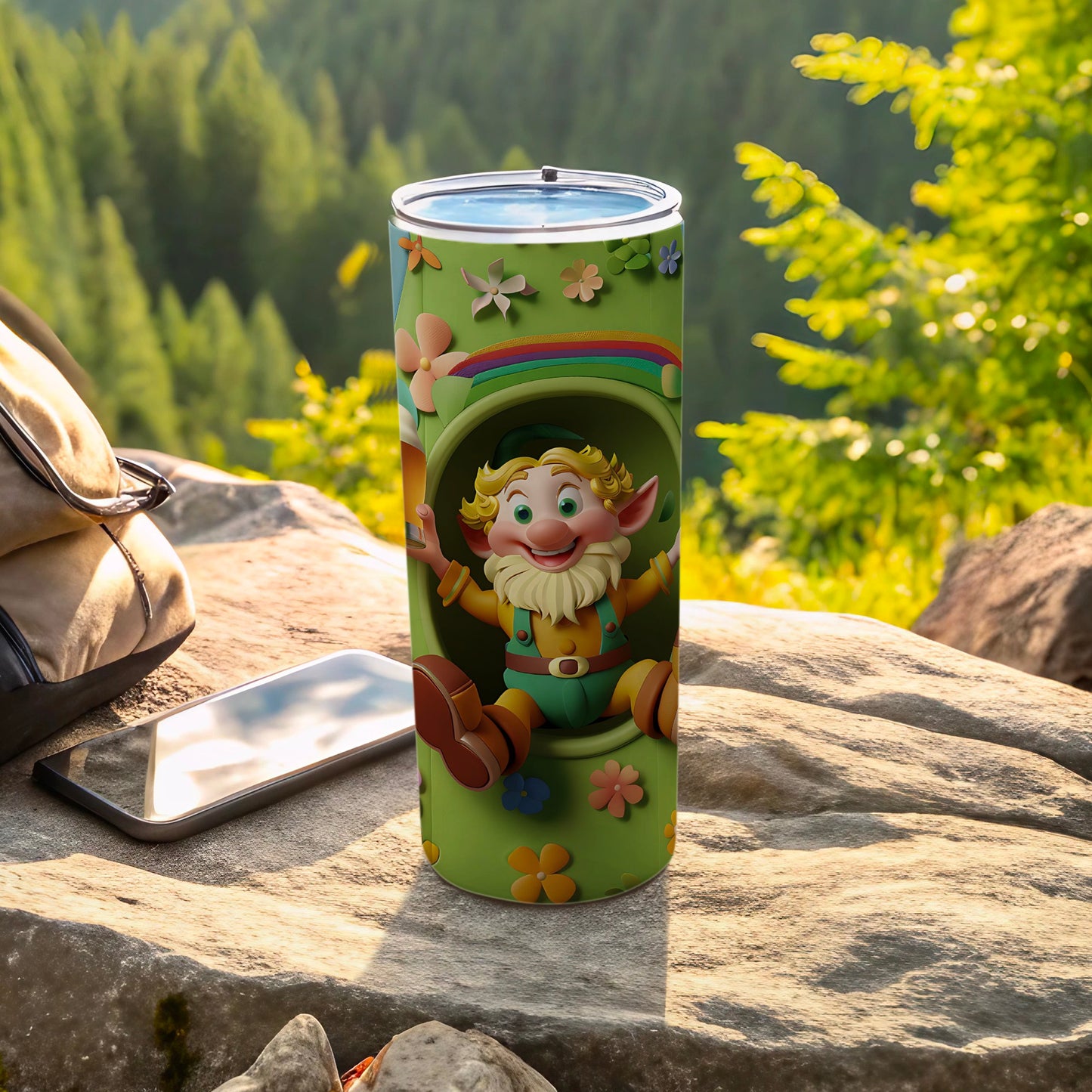 Green tumbler with a cartoon leprechaun peeking out of a rainbow arch.