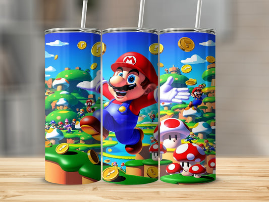 Mario jumping through a Super Mario Bros landscape with coins and mushrooms.
