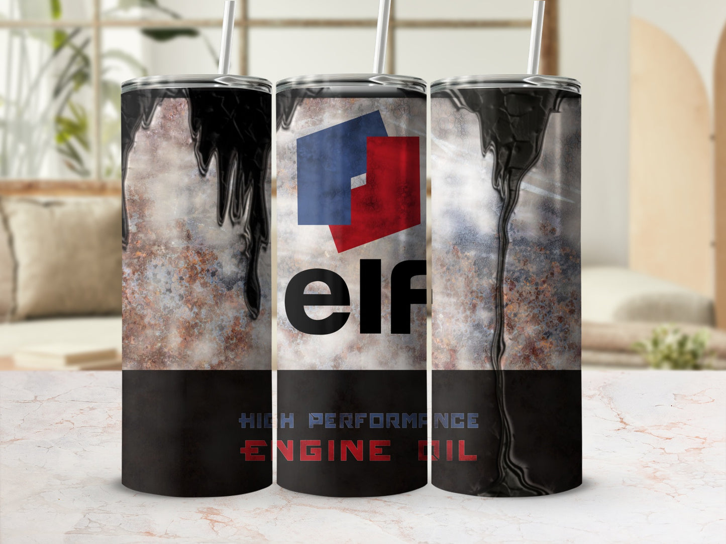 Three tumblers with black oil, rust texture, and "Elf High Performance Engine Oil" logo.