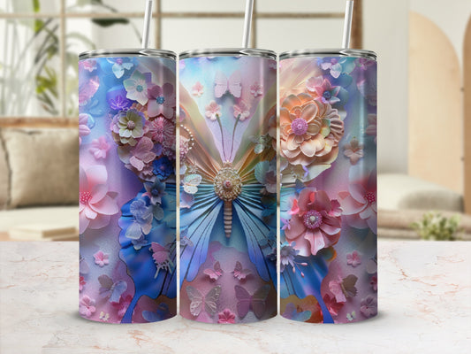 Three tall tumblers decorated with a large butterfly and floral design.