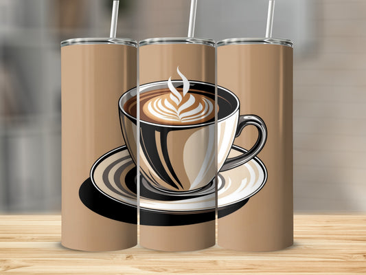 A coffee mug with latte art on a saucer, placed on a wooden surface.