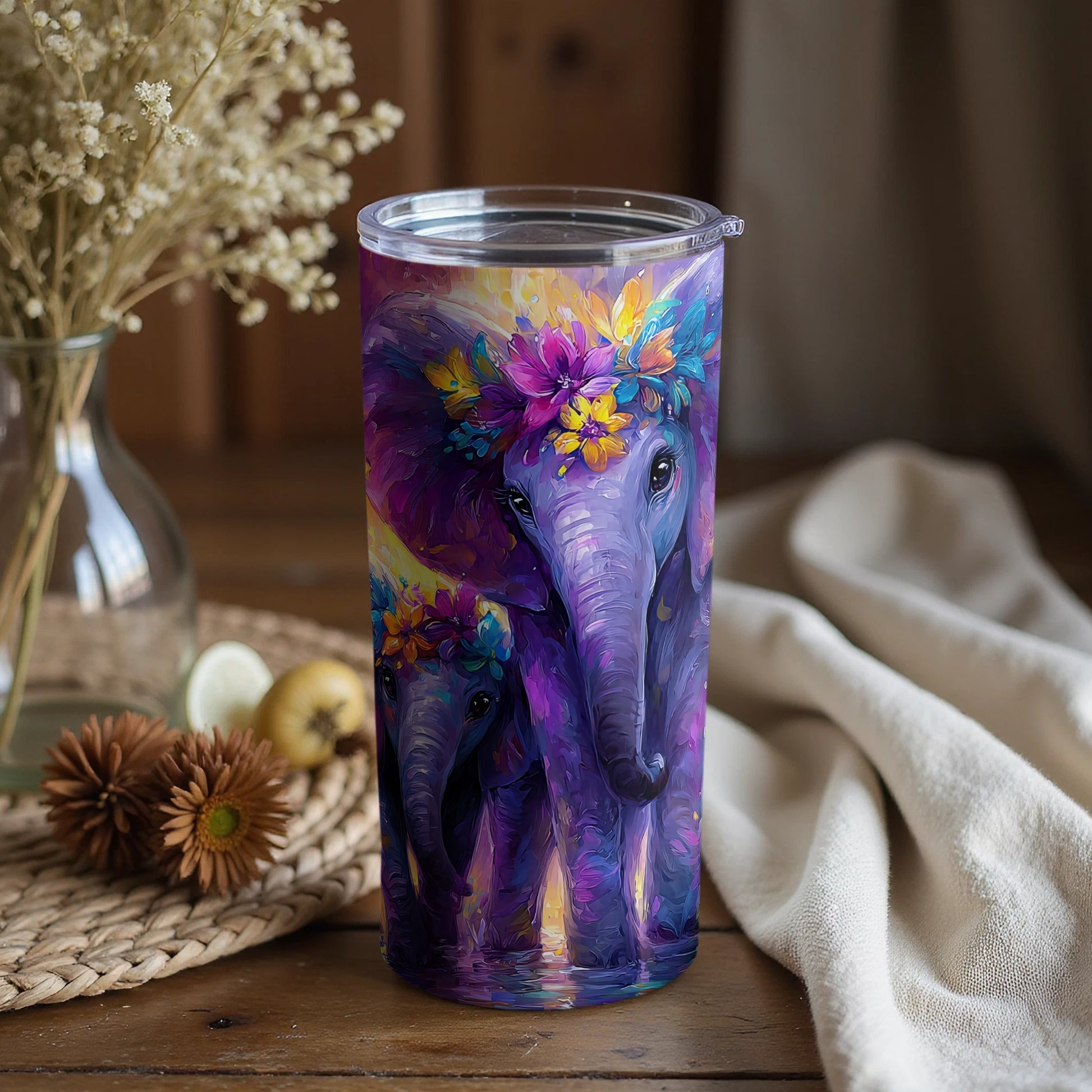 Vibrant Elephant Artwork with Floral Accents Tumbler